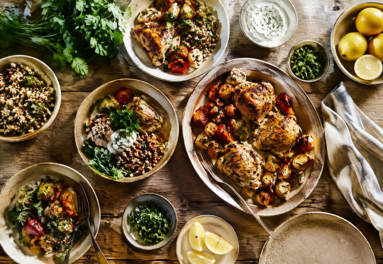 A table of home-cooked dinners and grain bowls